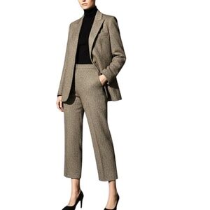 Vintage wool silk black tan tweed herringbone old money blazer trouser suit 12